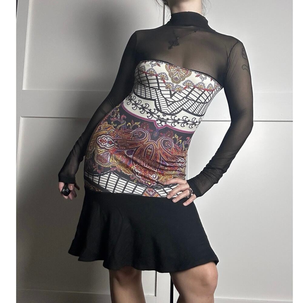 Euro art girl illusion neckline mesh bodycon flare mini dress